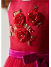 Red Satin Tulle Knee Length Flower Girl Dress With Handmade Rose